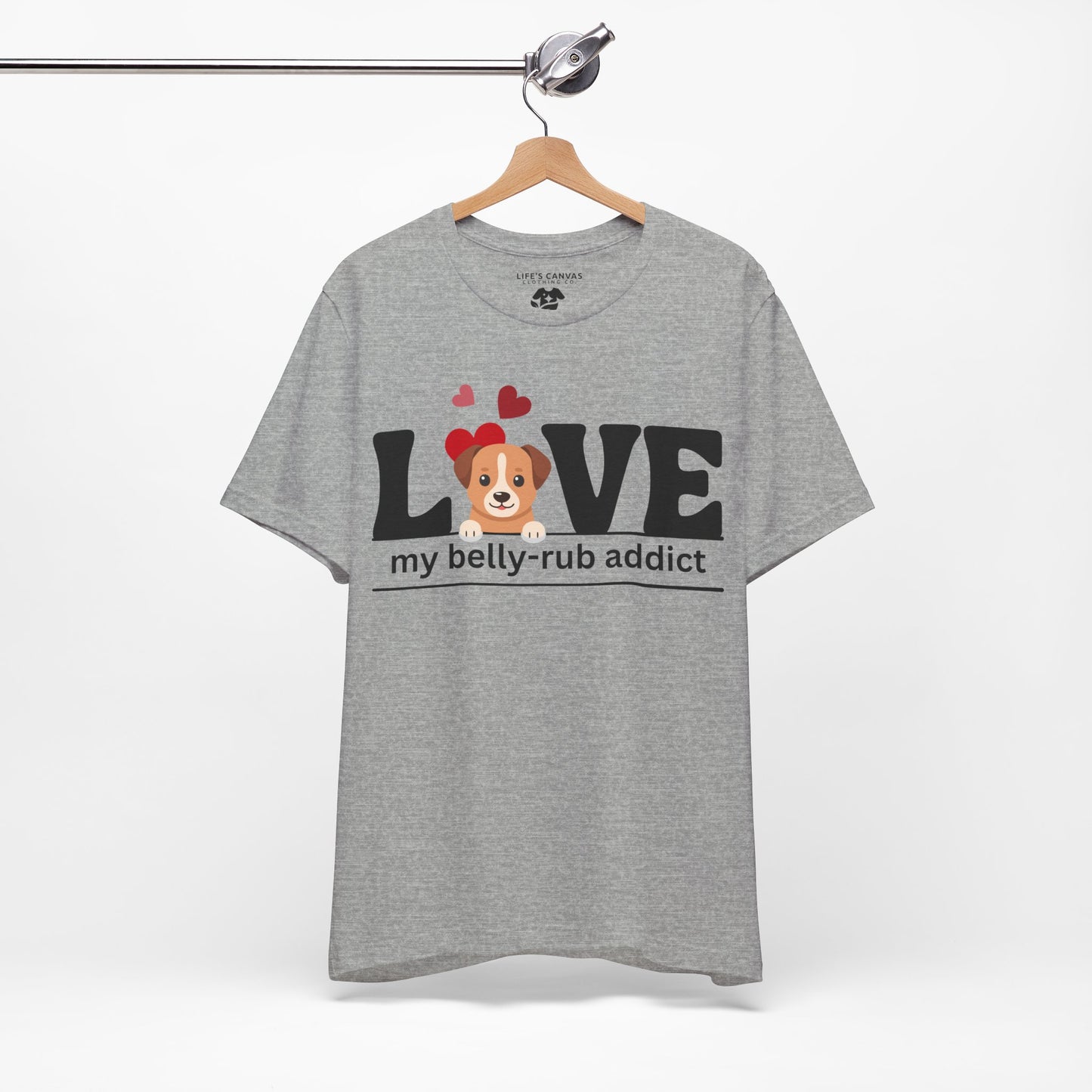 “LOVE My Belly-Rub Addict” t-shirt with puppy peeking out, on a hanger in Athletic Heather