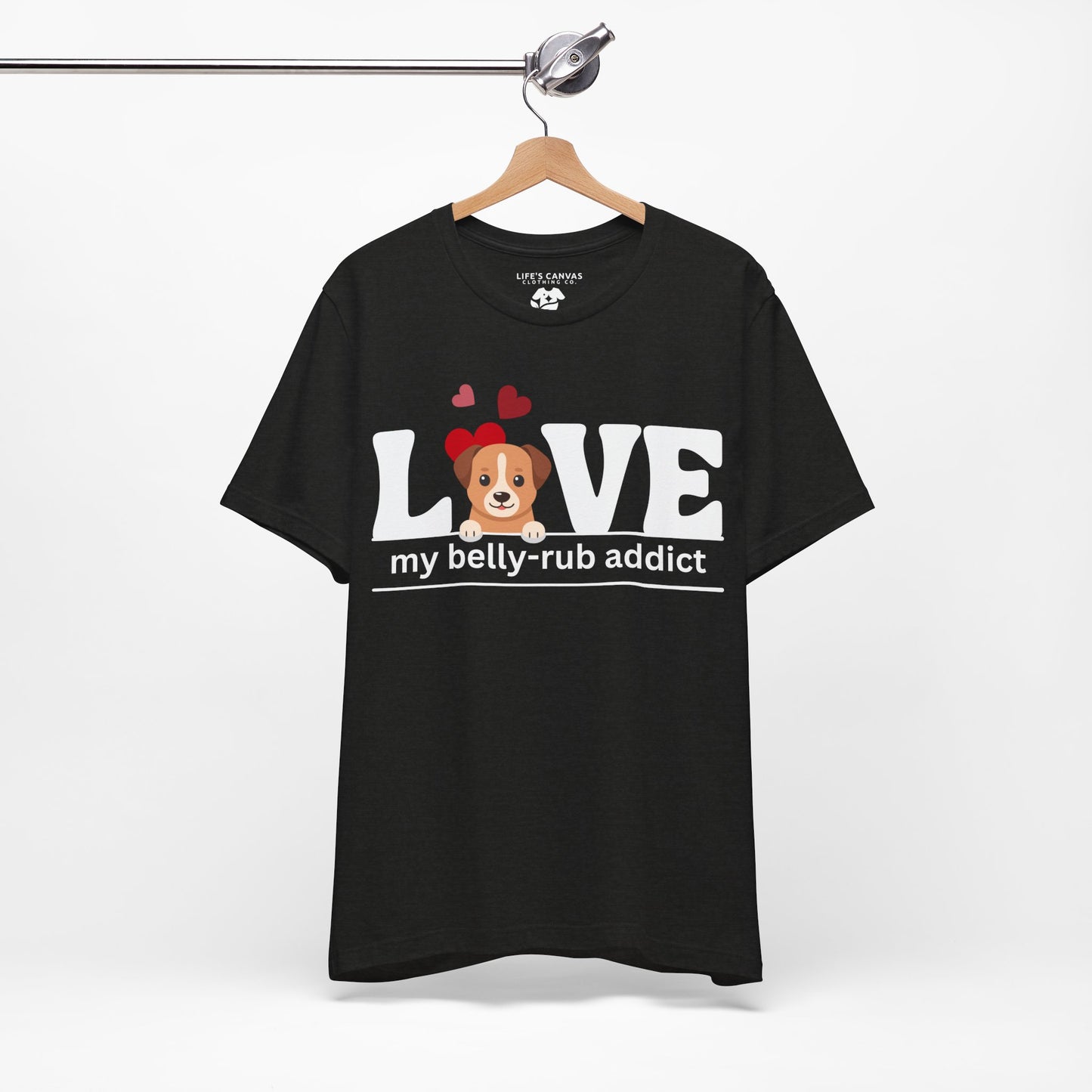 “LOVE My Belly-Rub Addict” t-shirt with puppy peeking out, on a hanger in Black Heather