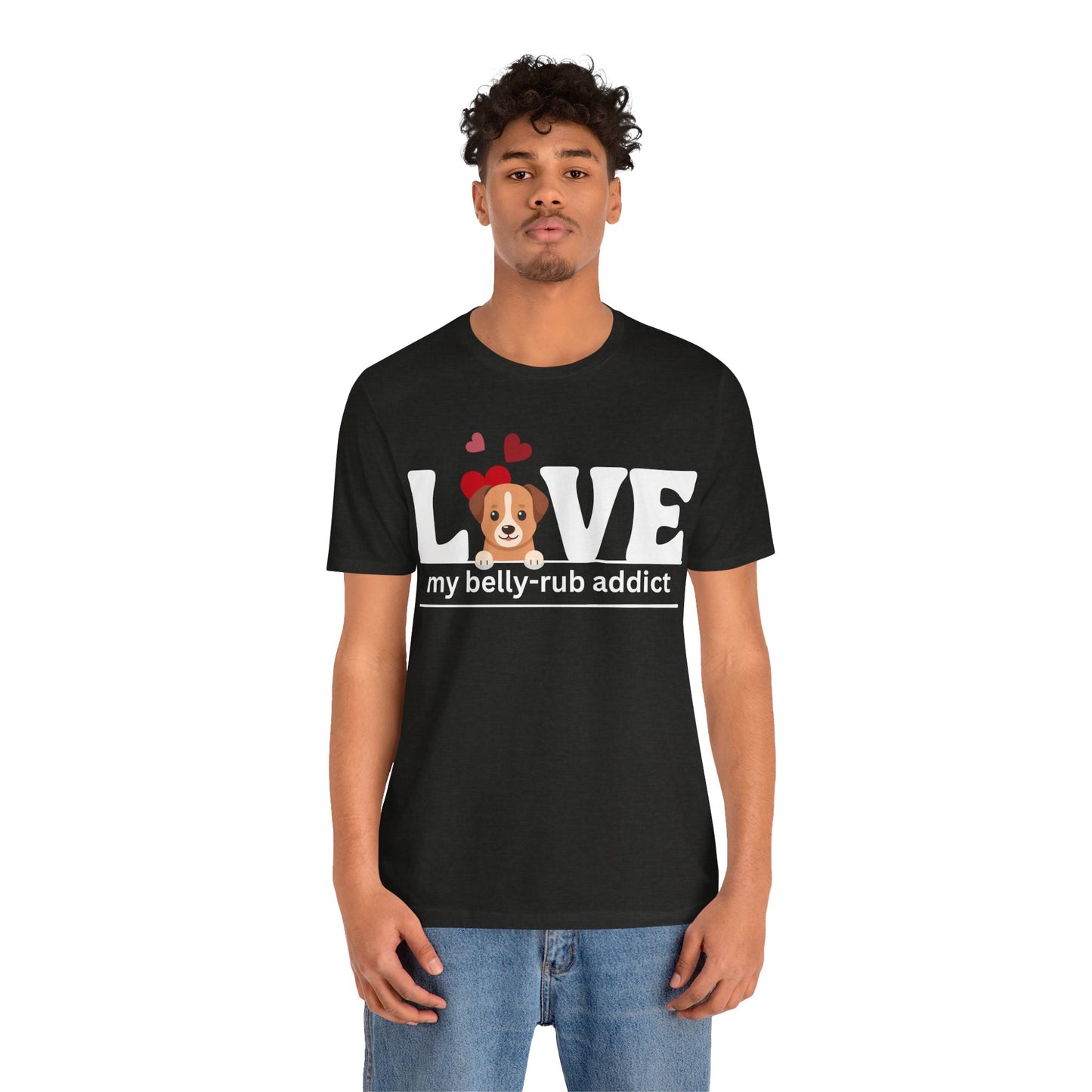 “LOVE My Belly-Rub Addict” t-shirt with puppy peeking out, on a model in Black