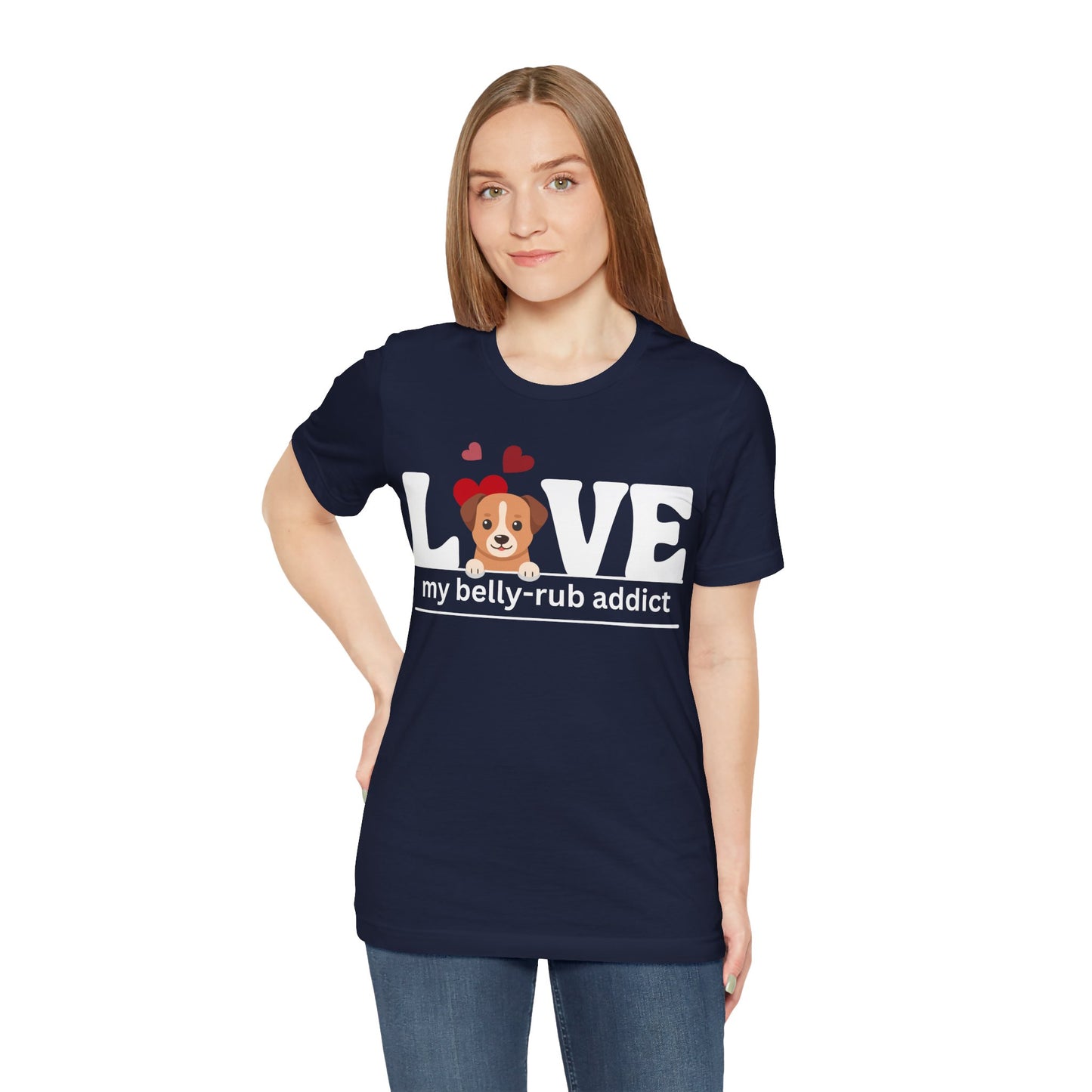 “LOVE My Belly-Rub Addict” t-shirt with puppy peeking out, on a model in Navy