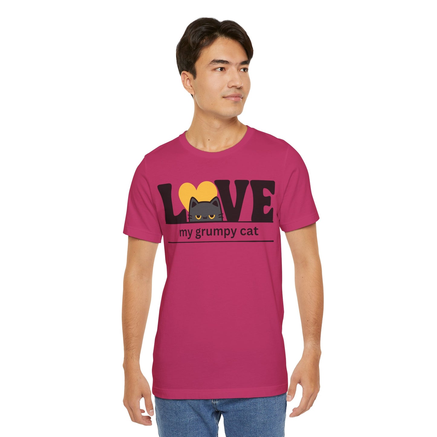 Love my grumpy cat graphic t-shirt in Berry on a model
