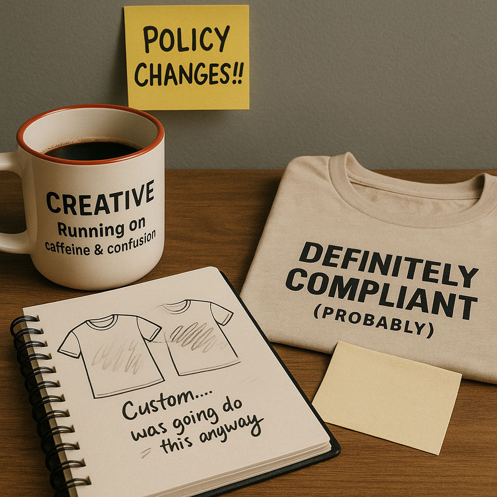 Desk with sketchbook, tshirt, posties and coffee- Policy changes