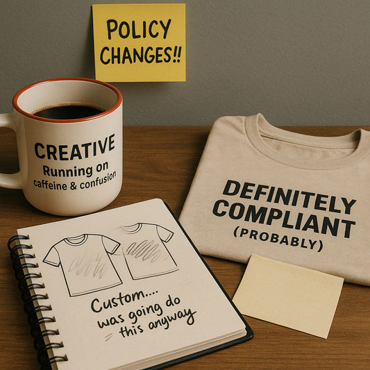 Desk with sketchbook, tshirt, posties and coffee- Policy changes