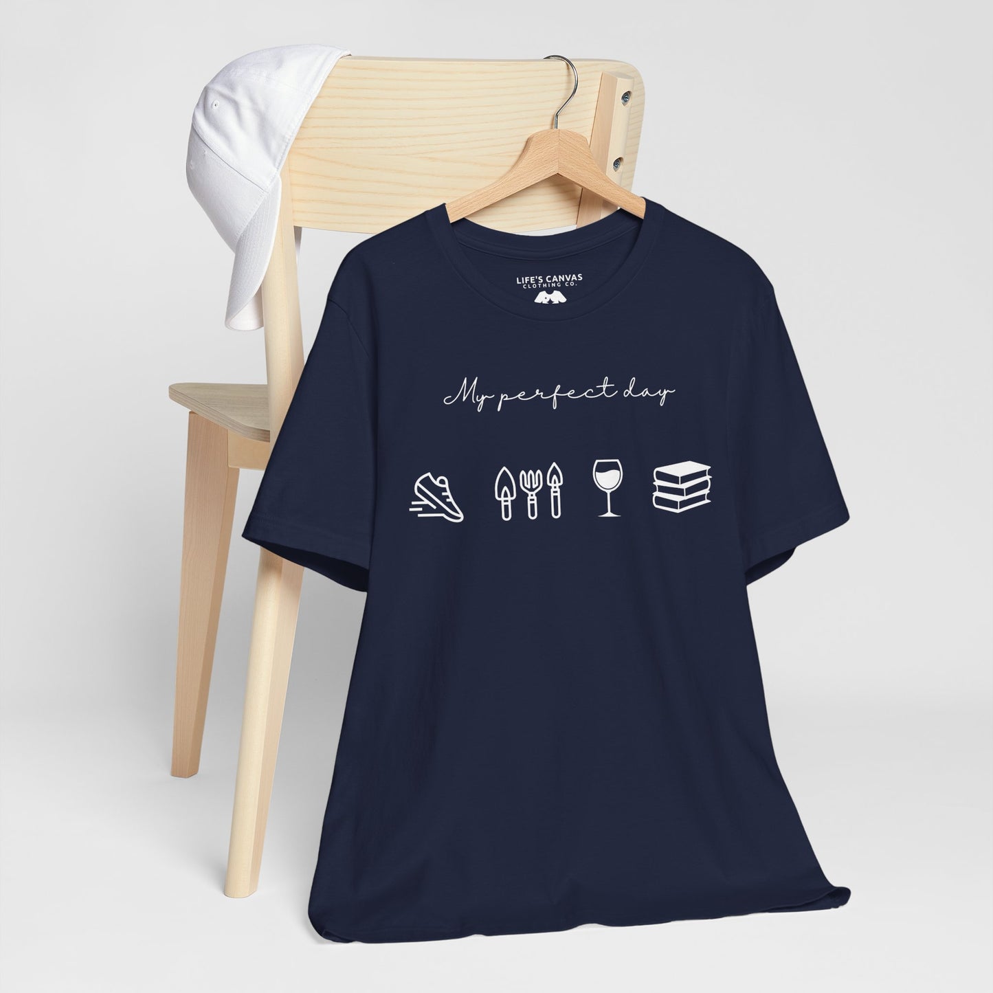 “Perfect Day” with Jog, Garden, Wine, and Book Icons - Unisex T-Shirt [FOR THE WELL-ROUNDED ADVENTURER!]