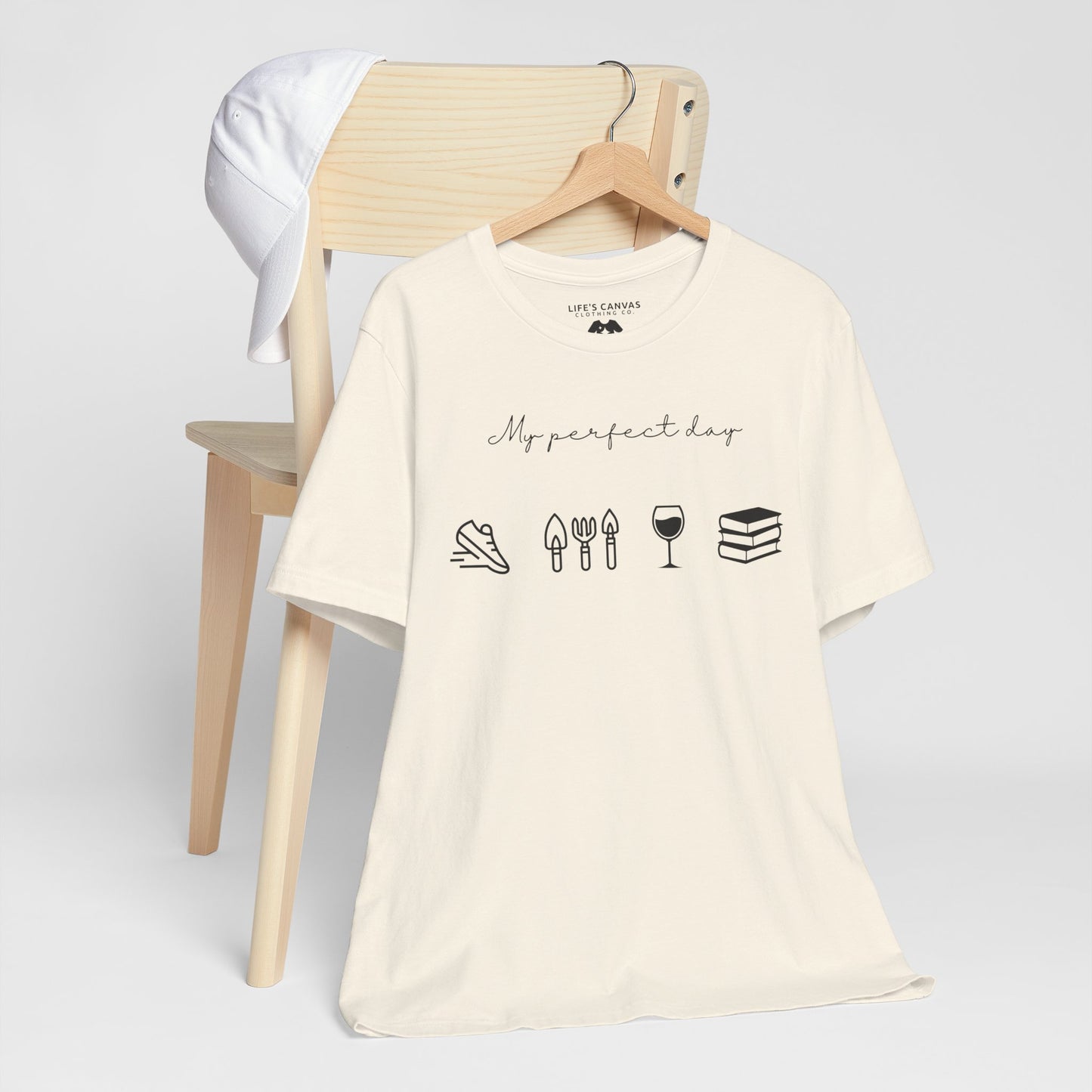“Perfect Day” with Jog, Garden, Wine, and Book Icons - Unisex T-Shirt [FOR THE WELL-ROUNDED ADVENTURER!]