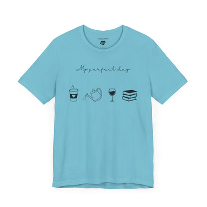 “Perfect Day” with Coffee, Water Can, Wine, and Book Icons - Unisex T-Shirt [FOR THE BALANCED SOULS!]
