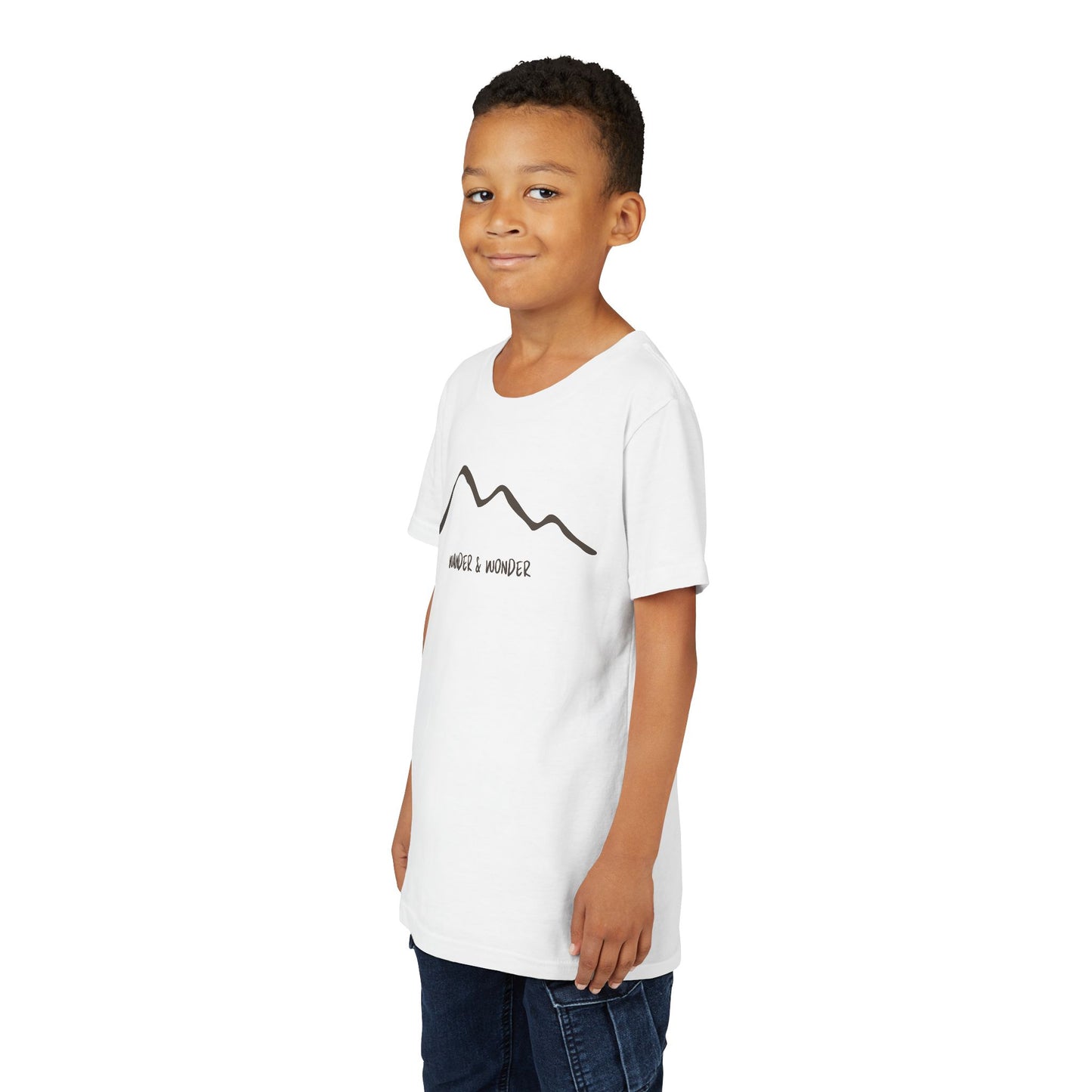 “Wander and Wonder” youth minimalist White shirt outdoor style- Modeled front view