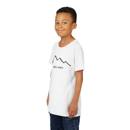 “Wander and Wonder” youth minimalist White shirt outdoor style- Modeled front view