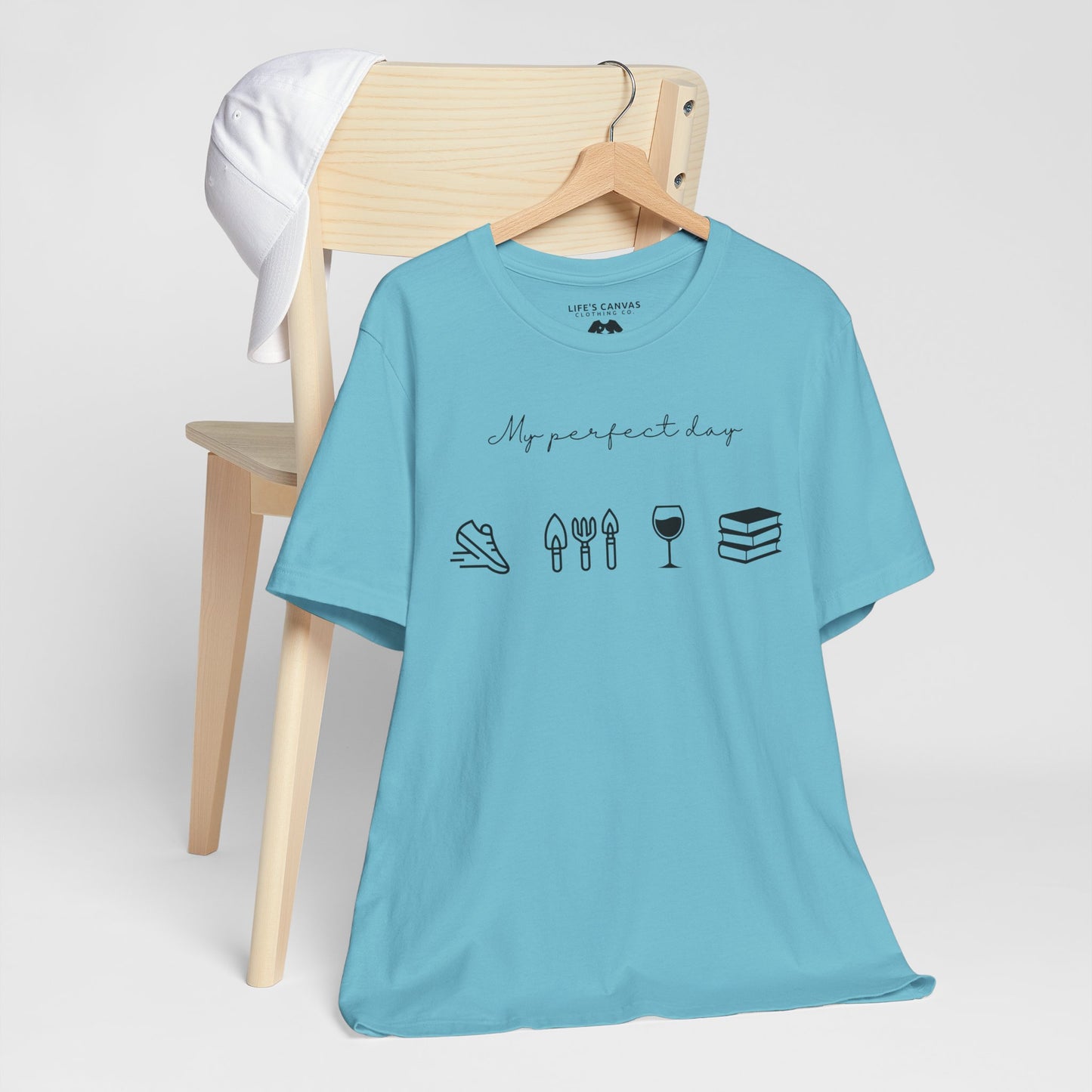 “Perfect Day” with Jog, Garden, Wine, and Book Icons - Unisex T-Shirt [FOR THE WELL-ROUNDED ADVENTURER!]