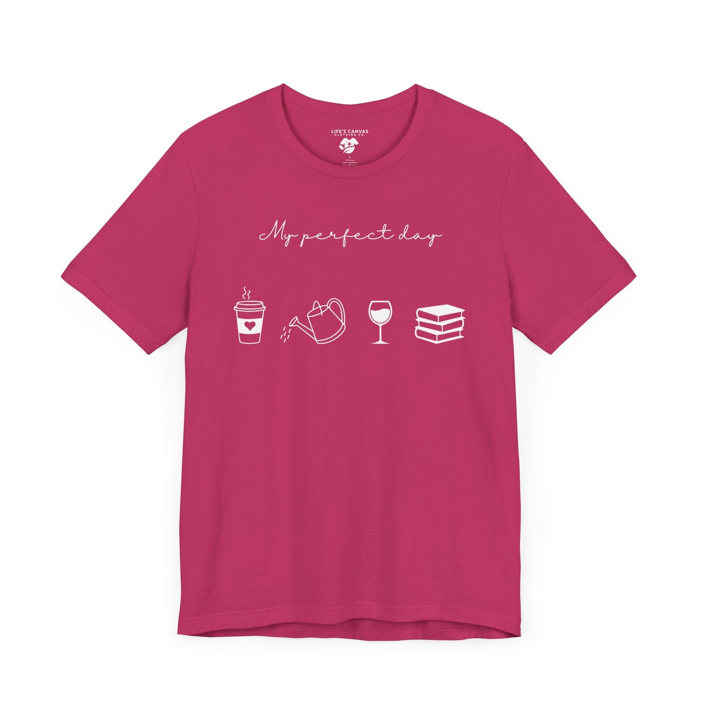 “Perfect Day” with Coffee, Water Can, Wine, and Book Icons - Unisex T-Shirt [FOR THE BALANCED SOULS!]