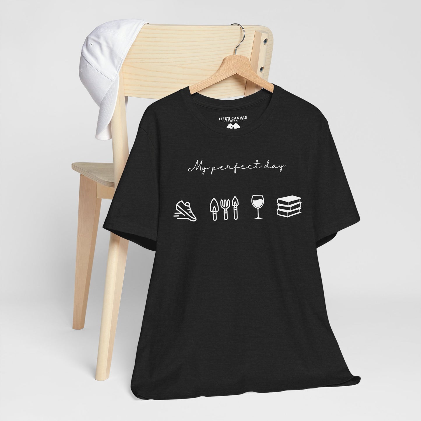 “Perfect Day” with Jog, Garden, Wine, and Book Icons - Unisex T-Shirt [FOR THE WELL-ROUNDED ADVENTURER!]