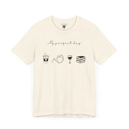“Perfect Day” with Coffee, Water Can, Wine, and Book Icons - Unisex T-Shirt [FOR THE BALANCED SOULS!]