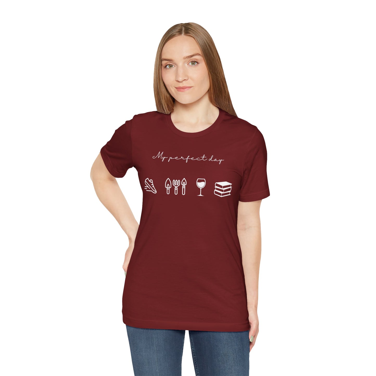 “Perfect Day” with Jog, Garden, Wine, and Book Icons - Unisex T-Shirt [FOR THE WELL-ROUNDED ADVENTURER!]