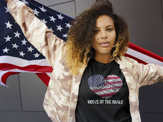 Home of the Brave – Thumbprint Heart Edition – Unisex T-Shirt | FOR THOSE WHO WEAR THEIR HEART AND HOMELAND PROUDLY