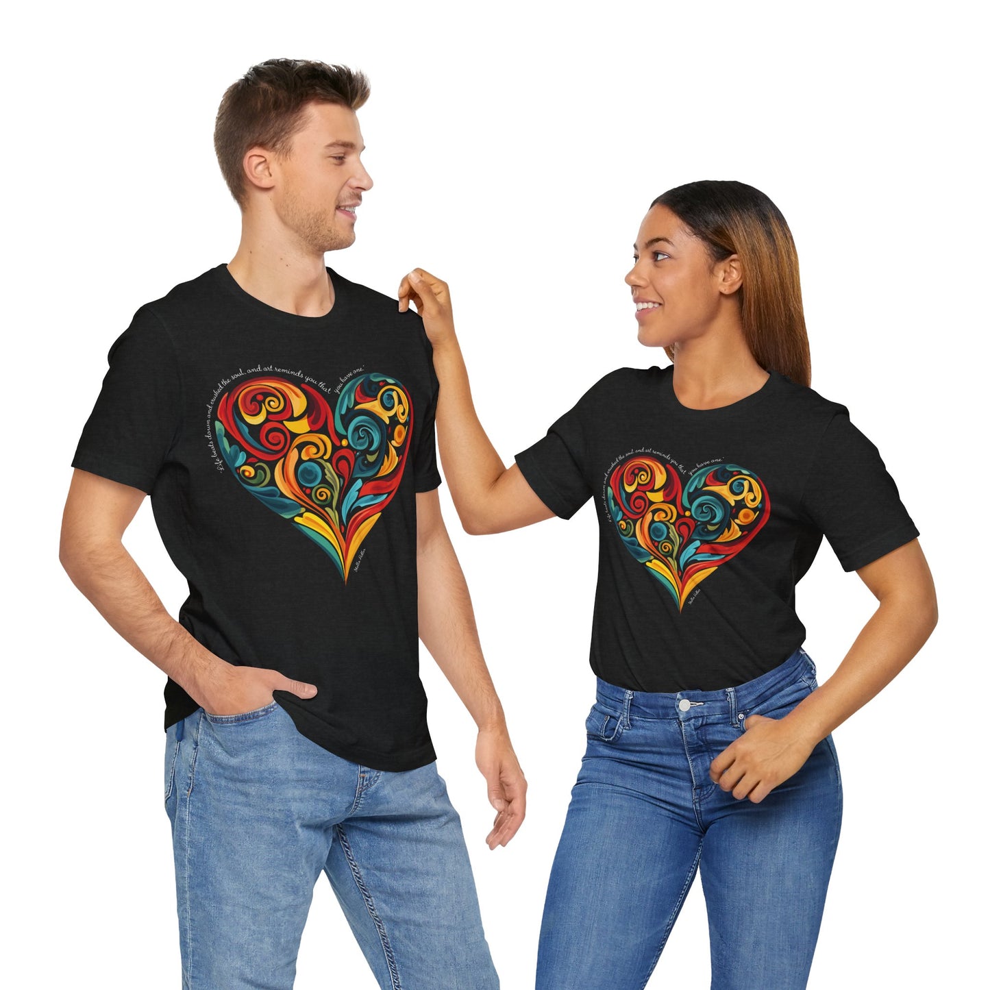 2 friends wearing unisex t-shirt with Stella Adler quote and heart swirl design- Black