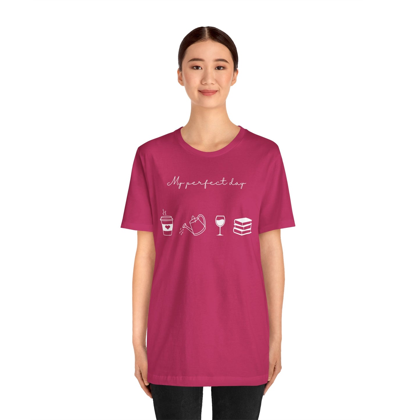 “Perfect Day” with Coffee, Water Can, Wine, and Book Icons - Unisex T-Shirt [FOR THE BALANCED SOULS!]