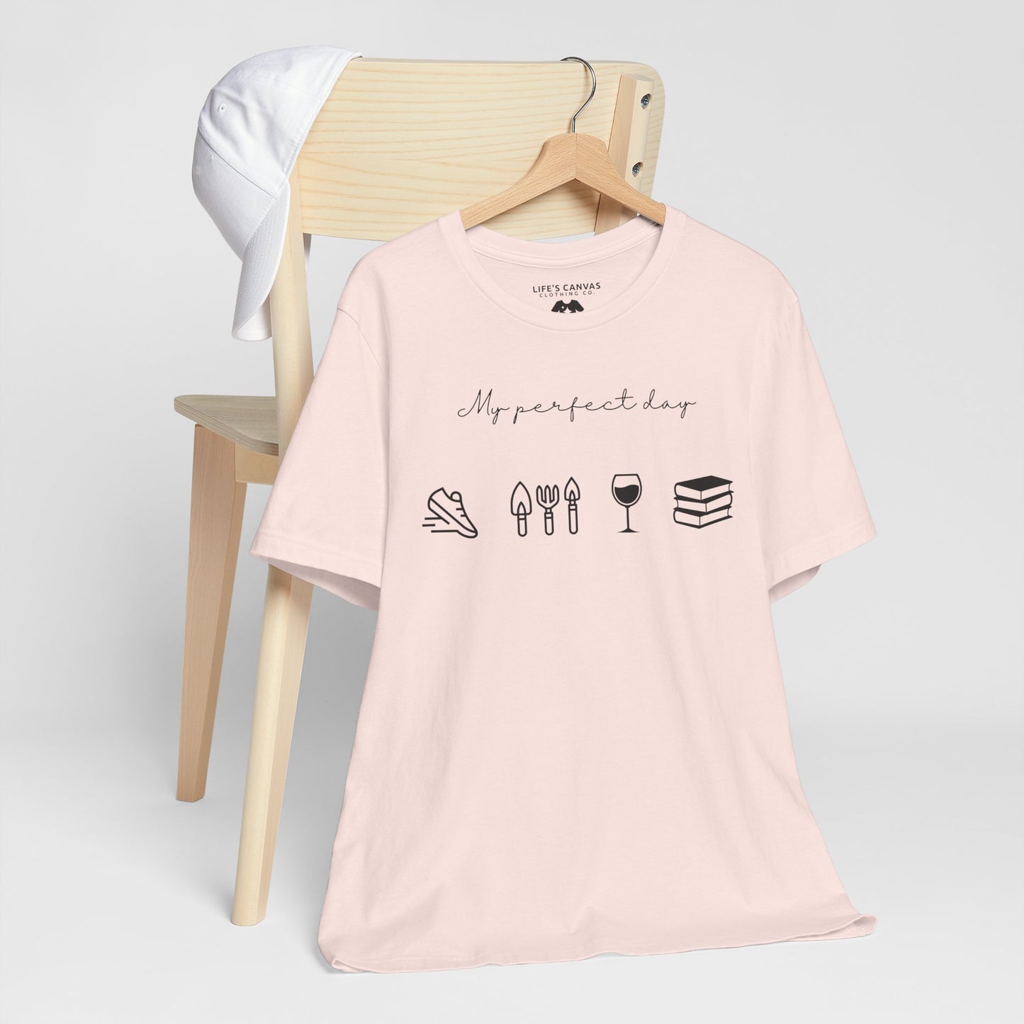 “Perfect Day” with Jog, Garden, Wine, and Book Icons - Unisex T-Shirt [FOR THE WELL-ROUNDED ADVENTURER!]
