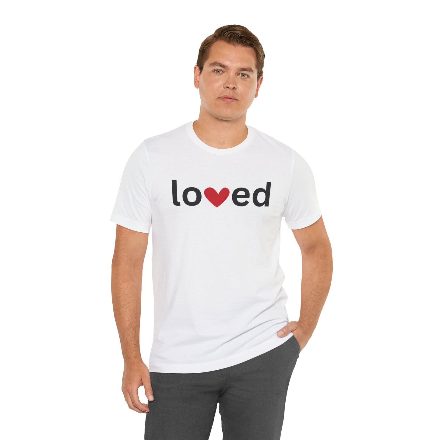 “Loved” Unisex T-Shirt with Heart-Shaped “V” [LOVE ALWAYS WINS!]