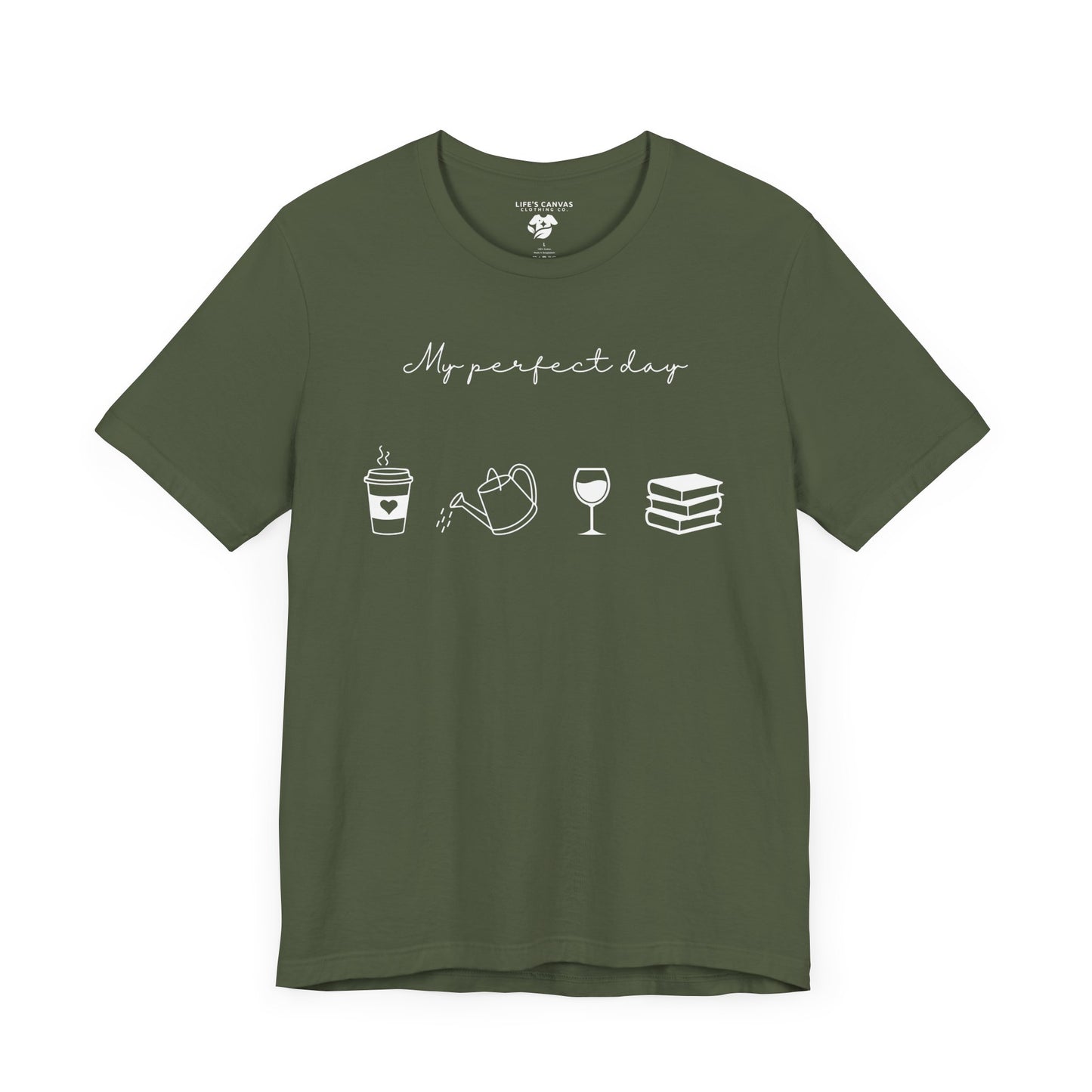 “Perfect Day” with Coffee, Water Can, Wine, and Book Icons - Unisex T-Shirt [FOR THE BALANCED SOULS!]