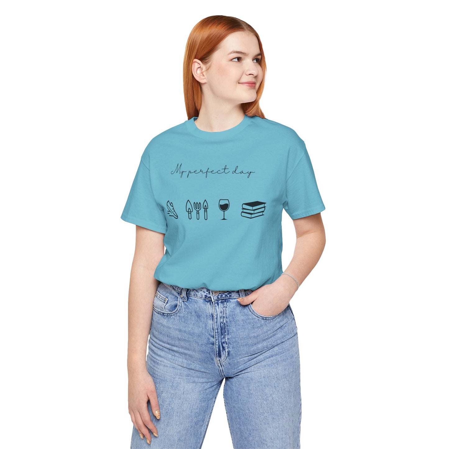 “Perfect Day” with Jog, Garden, Wine, and Book Icons - Unisex T-Shirt [FOR THE WELL-ROUNDED ADVENTURER!]