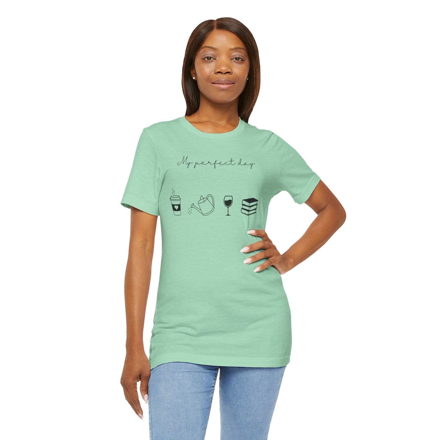 “Perfect Day” with Coffee, Water Can, Wine, and Book Icons - Unisex T-Shirt [FOR THE BALANCED SOULS!]