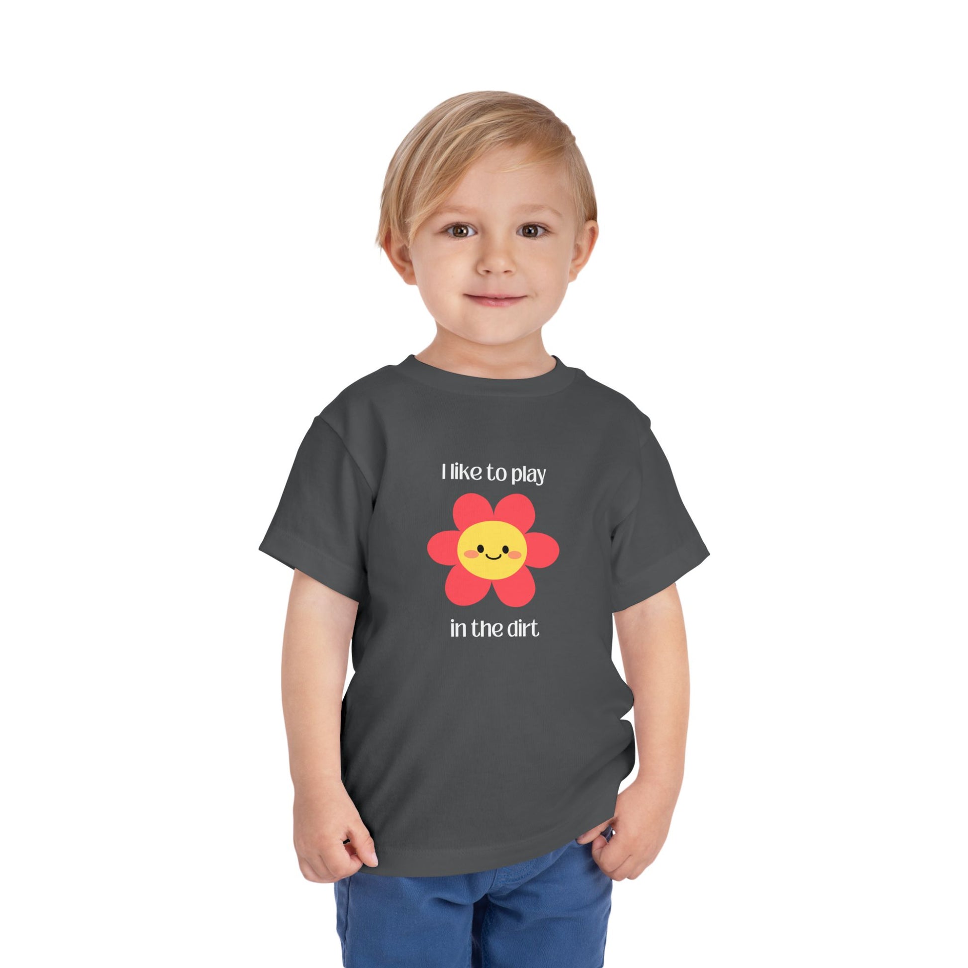 Asphalt I like to play in the dirt flower tee with toddler posing