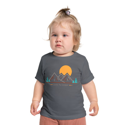 Front pose of baby wearing t-shirt saying "Born to Roam" - Asphalt