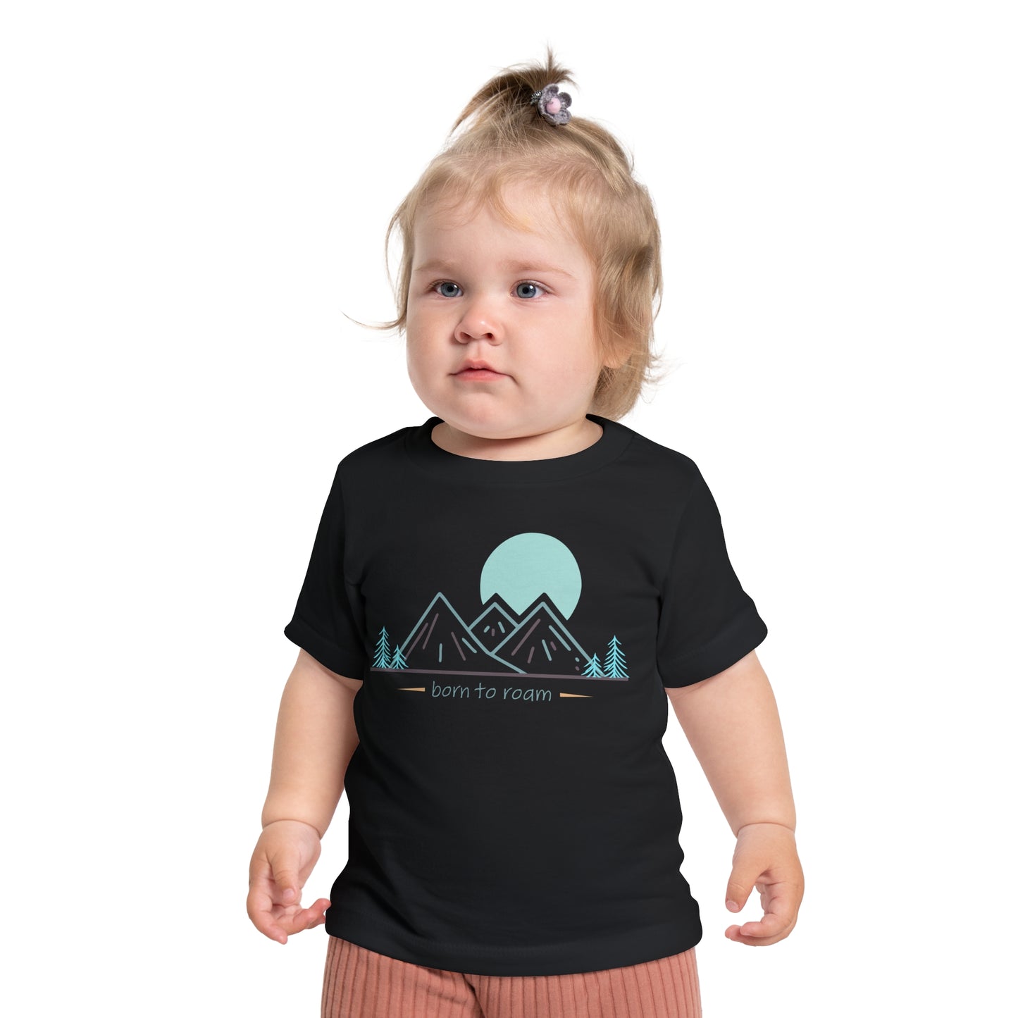 Front pose of baby wearing t-shirt saying "Born to Roam"- black