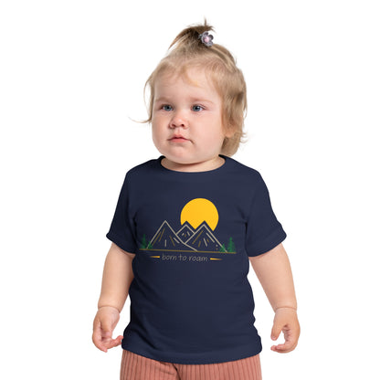Front pose of baby wearing t-shirt saying "Born to Roam"- Navy