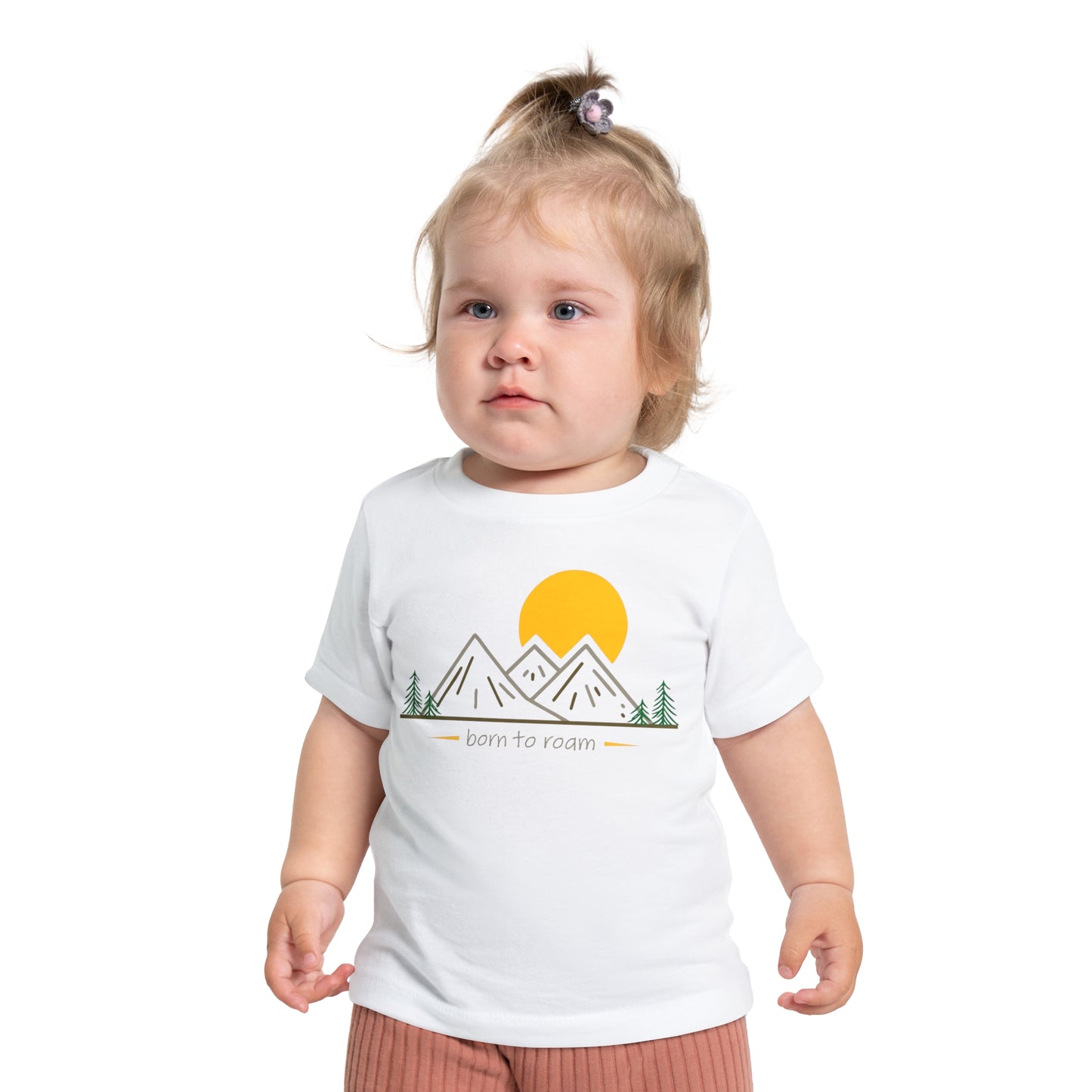 Front pose of baby wearing t-shirt saying "Born to Roam"- white