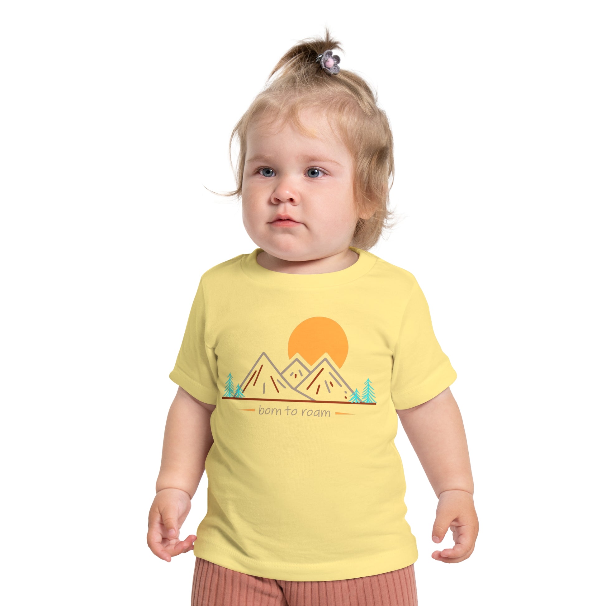 Front pose of baby wearing t-shirt saying "Born to Roam"- Yellow