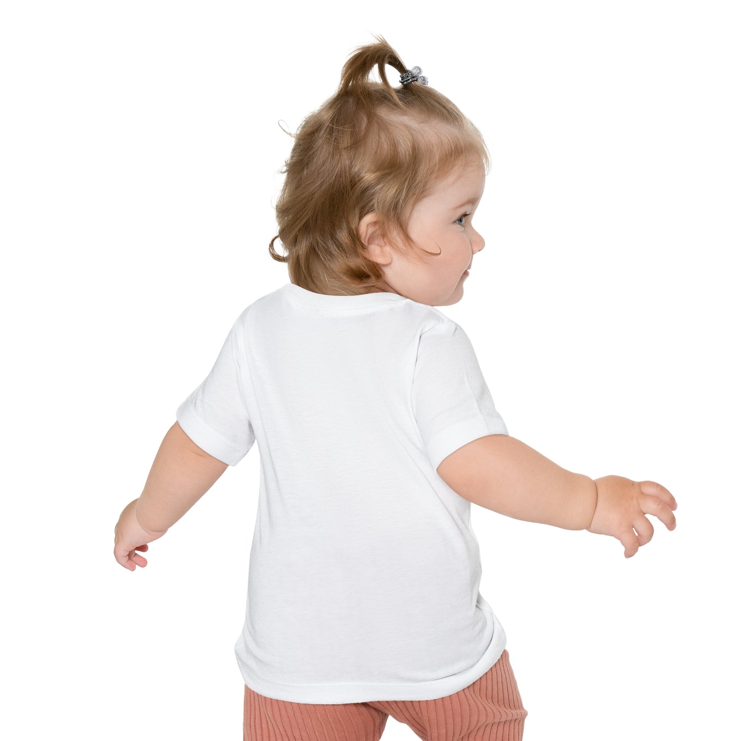 Back pose of baby wearing t-shirt- white
