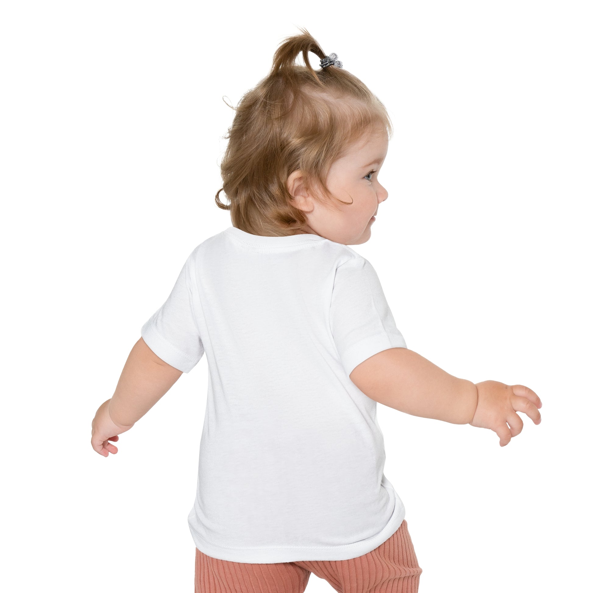 Back pose of baby wearing t-shirt- white