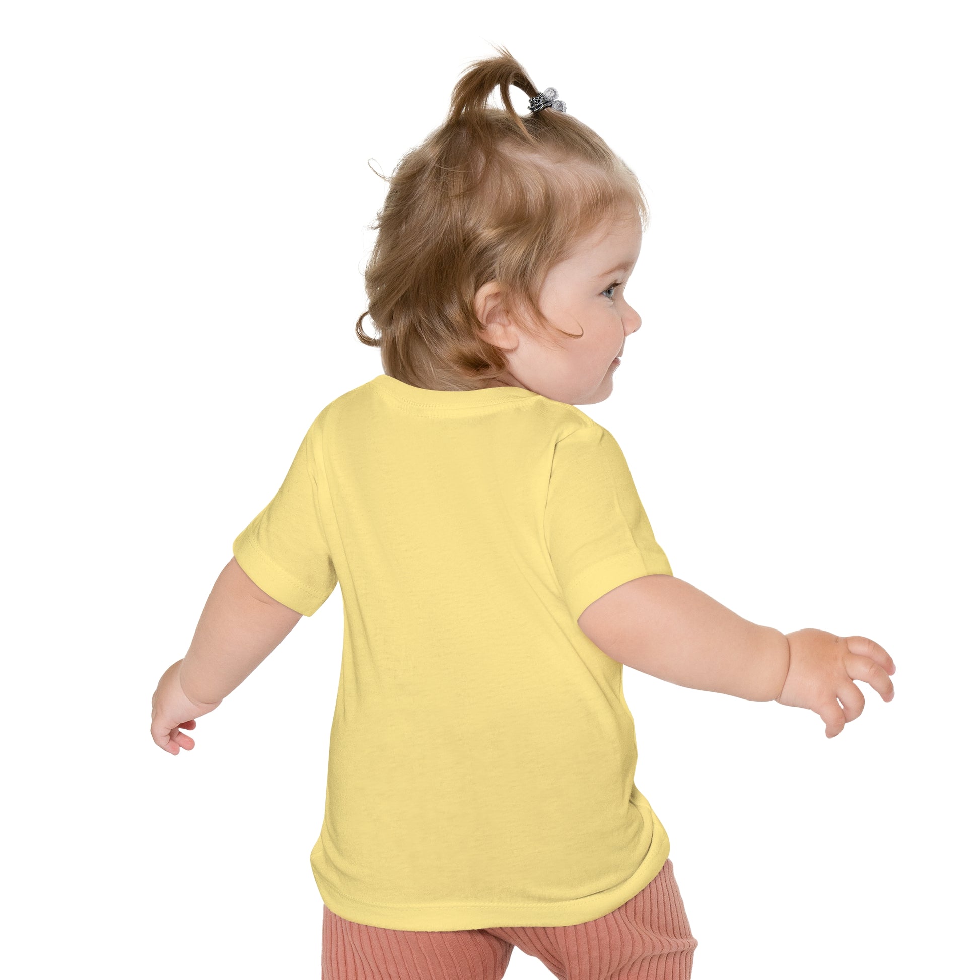 Back pose of baby wearing t-shirt-yellow