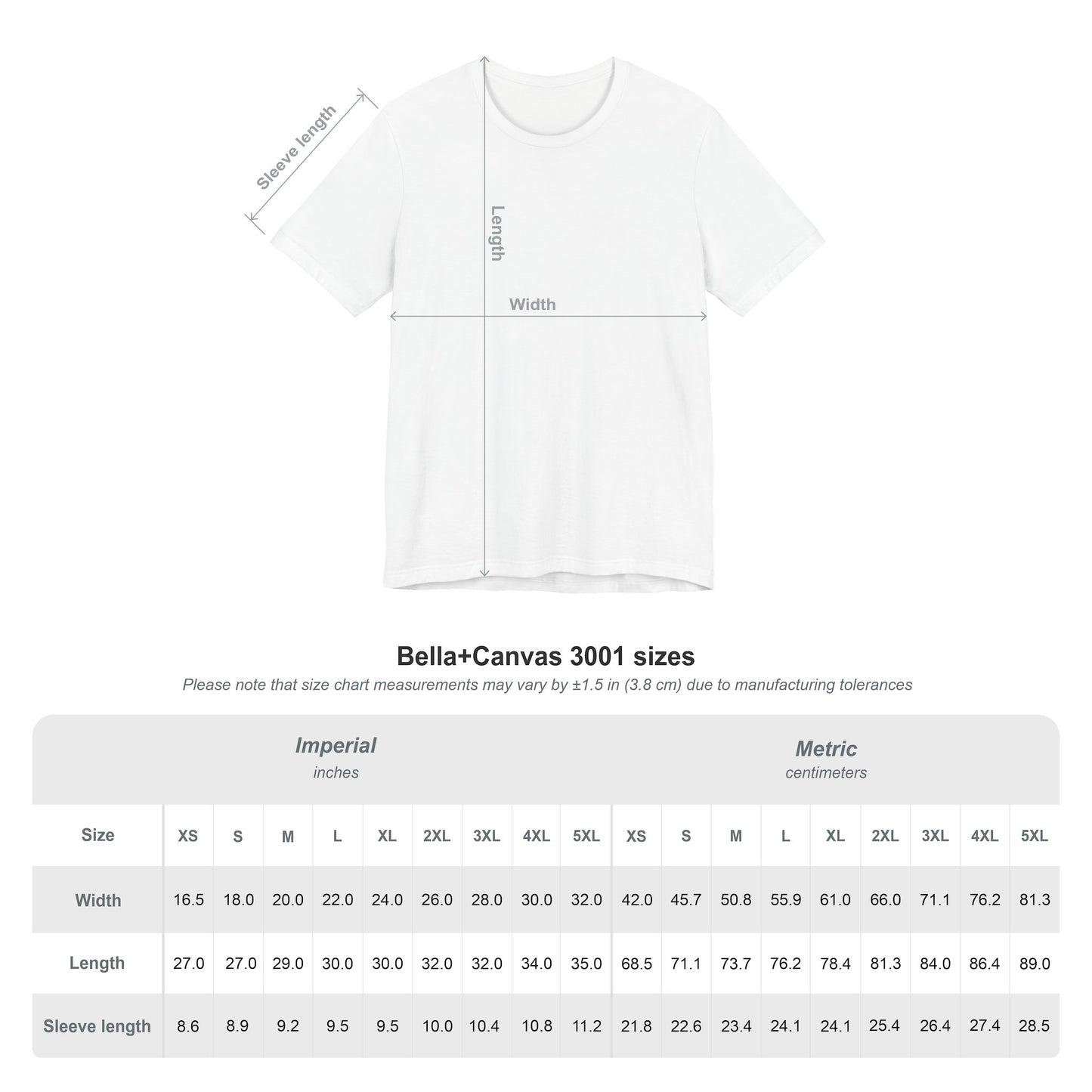 Bella+Canvas 3001 Unisex Size Chart