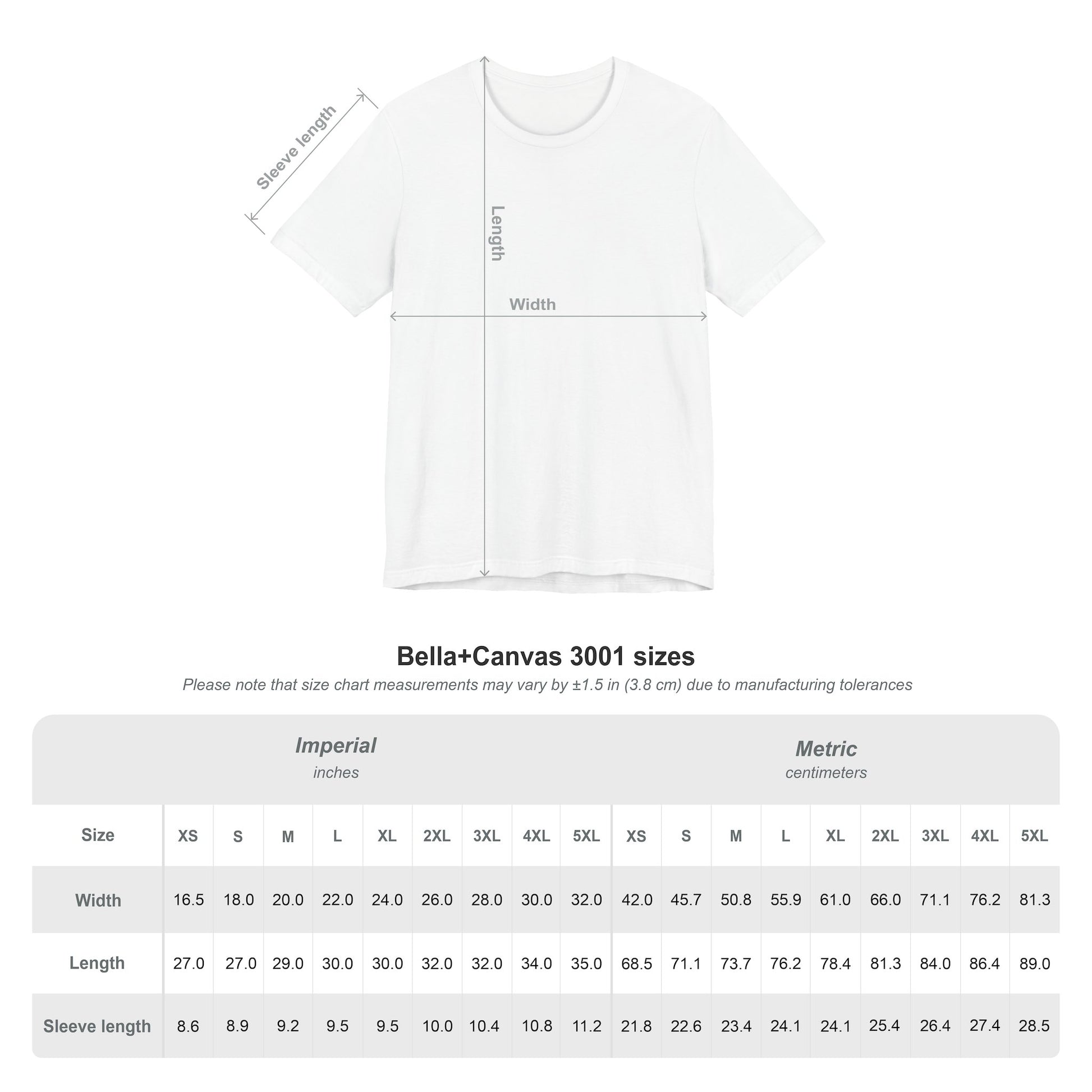 Bella+Canvas 3001 Unisex Size Chart