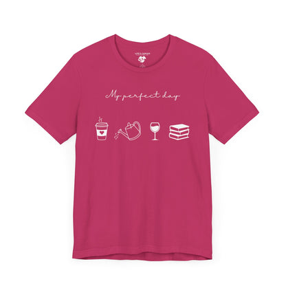 Berry flat "My perfect day"  t-shirt with coffee, water can, wine, and book icons