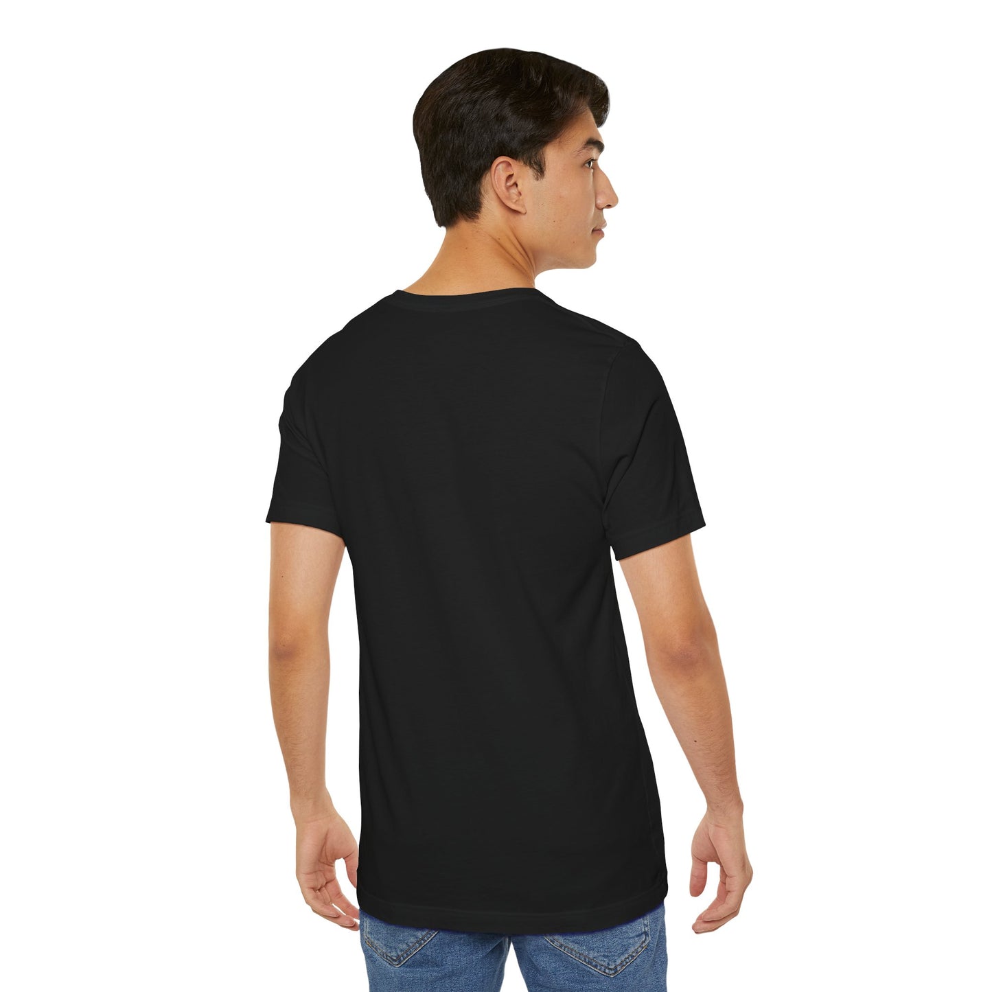Black back view- man wearing  Roam Rest Repeat minimalist unisex tee