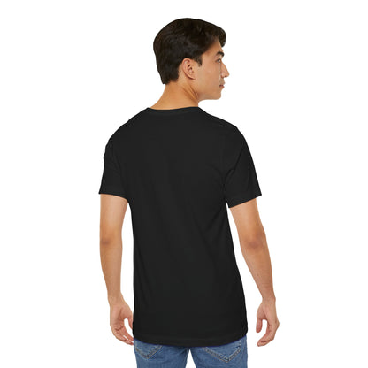 Black back view- man wearing  Roam Rest Repeat minimalist unisex tee
