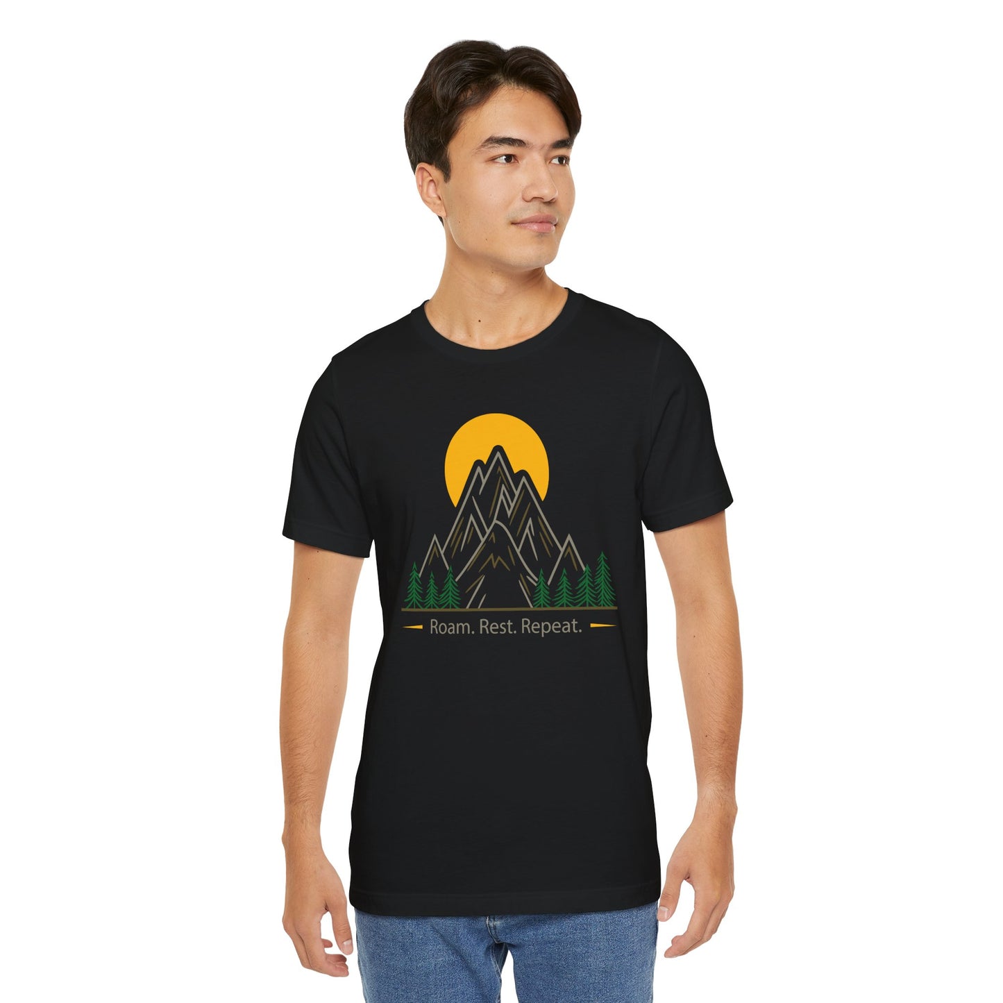 Man wearing Black Roam Rest Repeat minimalist unisex tee- front