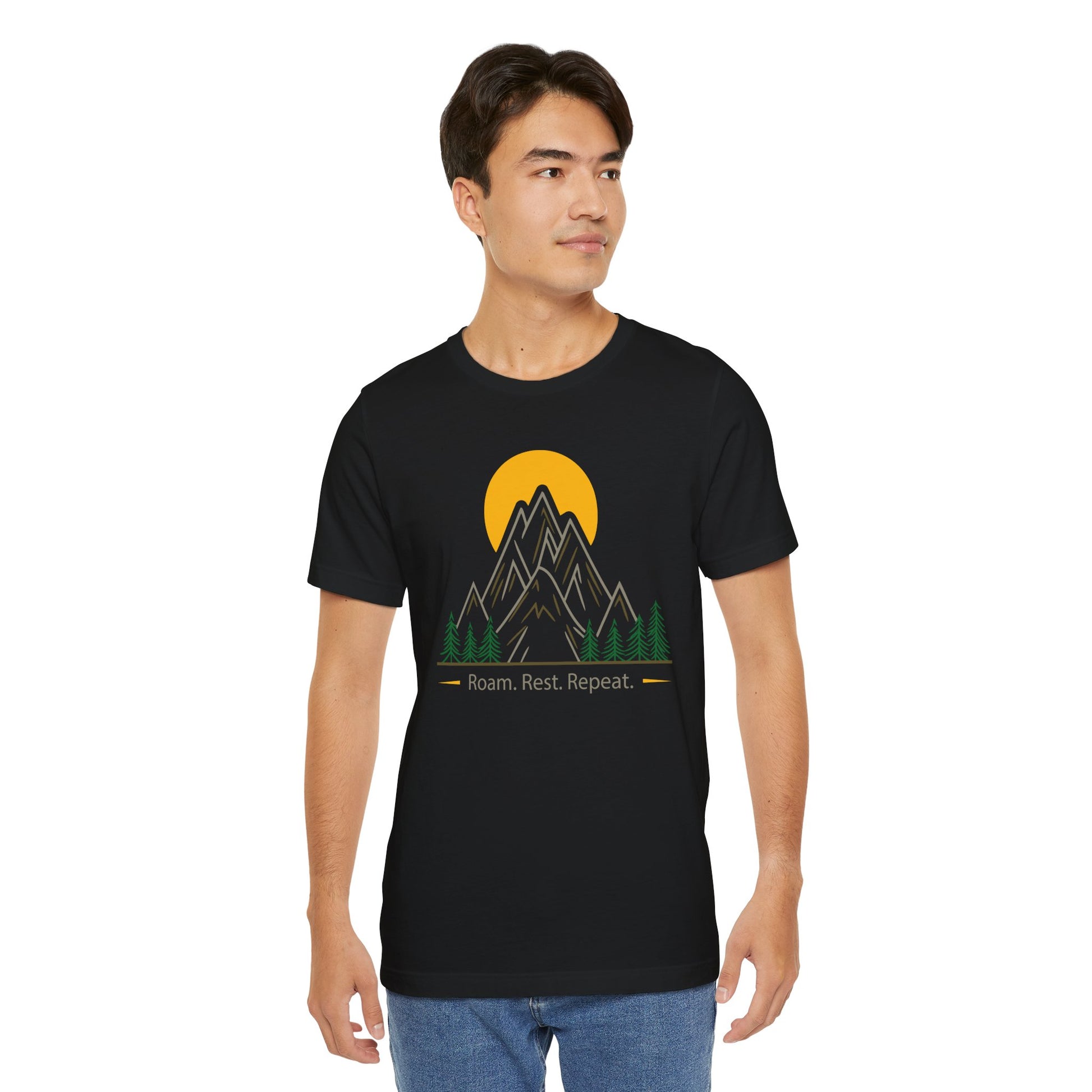 Man wearing Black Roam Rest Repeat minimalist unisex tee- front