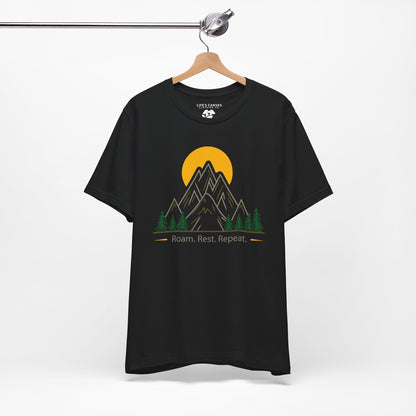 Black Roam Rest Repeat minimalist unisex tee on hanger