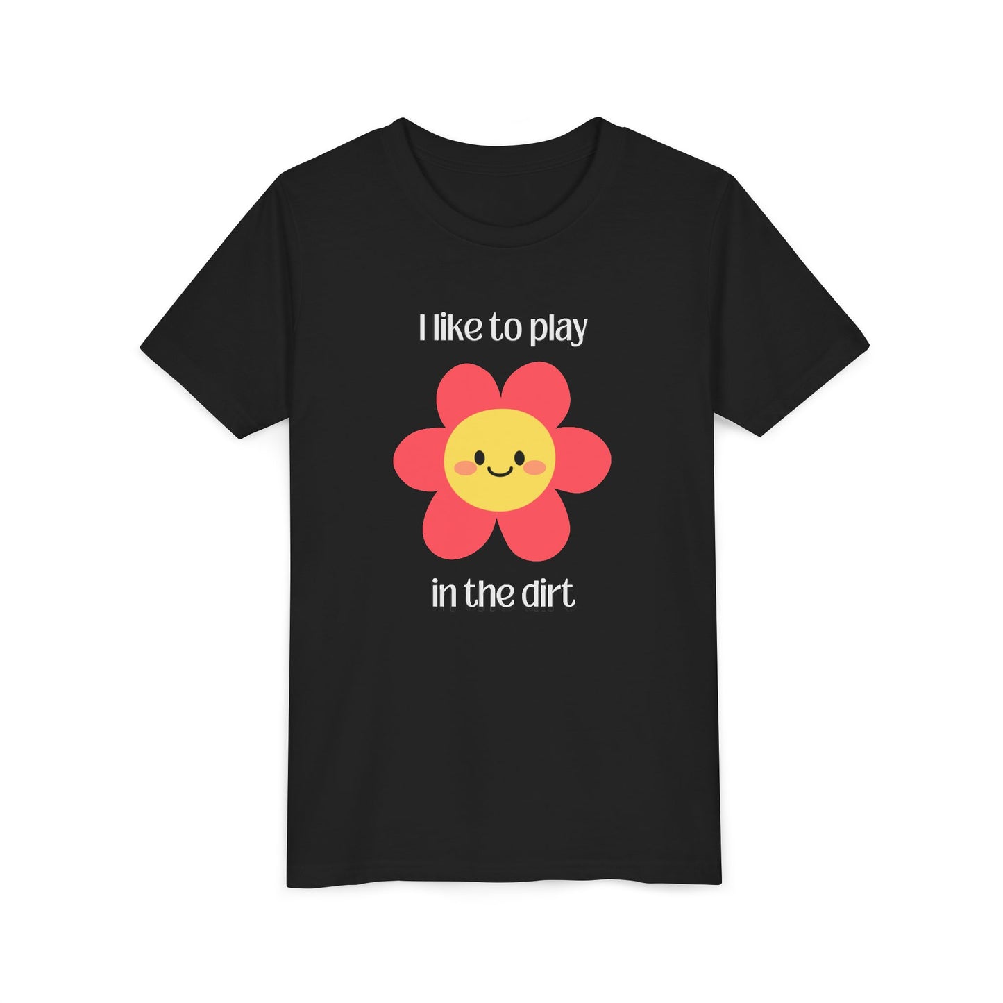 "I like to play in the dirt"- Black tee with pink flower- Larger size