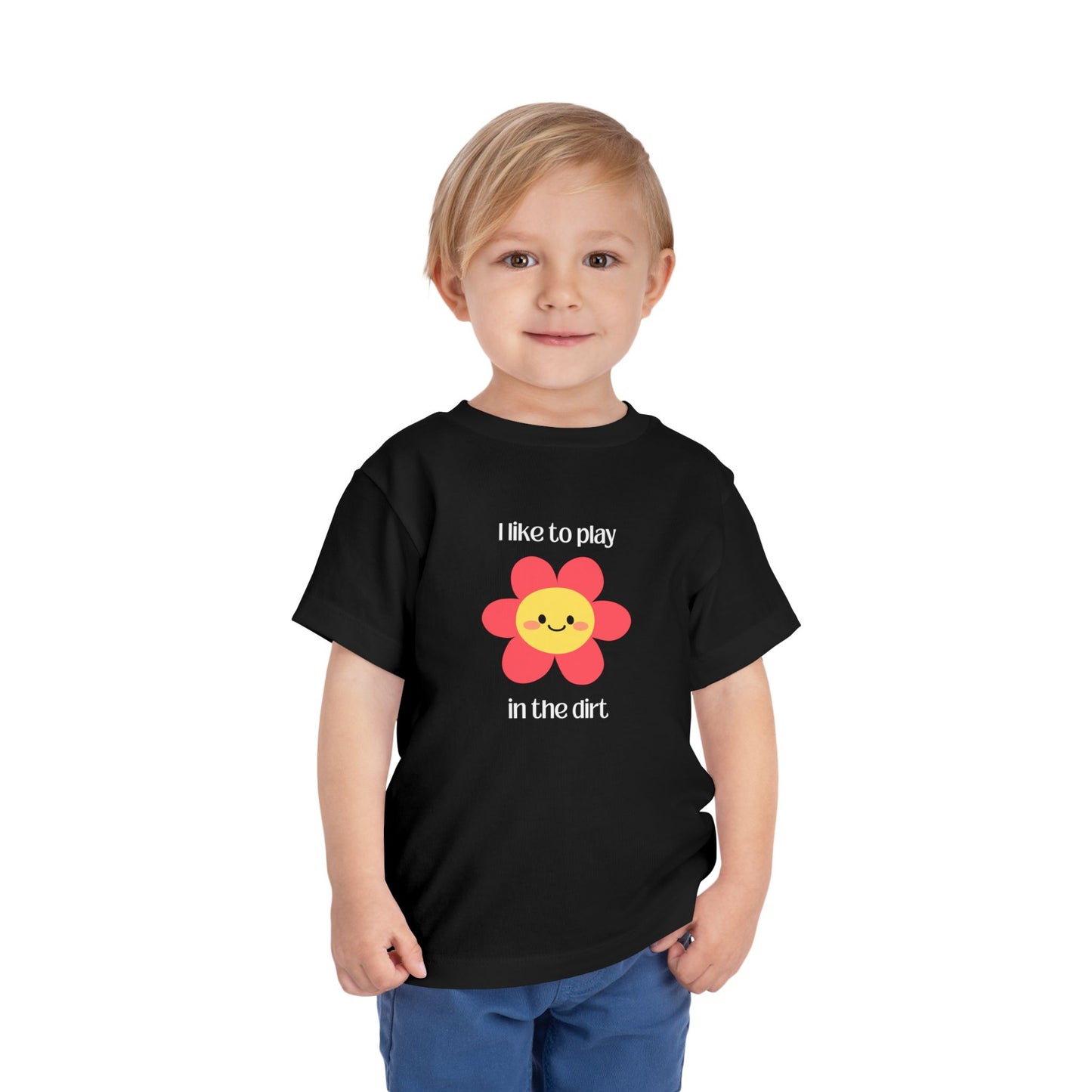 Black I like to play in the dirt flower tee with toddler posing