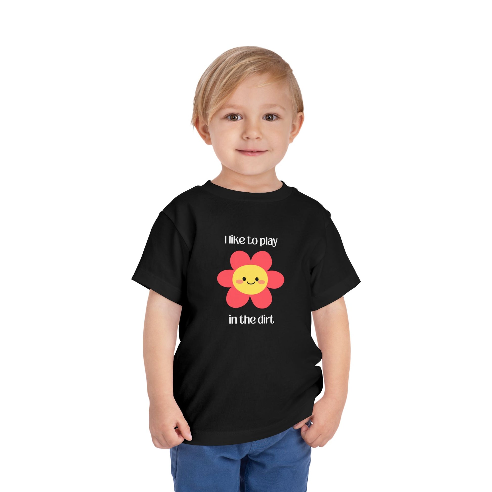Black I like to play in the dirt flower tee with toddler posing