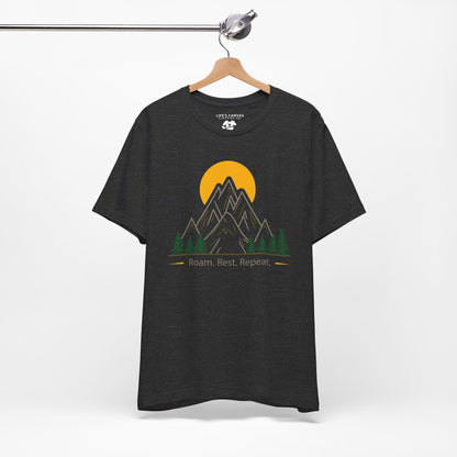 Dark Heather Grey Roam Rest Repeat minimalist unisex tee on hanger