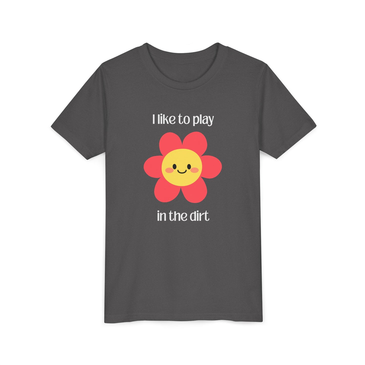 "I like to play in the dirt"- Dark Heather Grey tee with pink flower- larger size