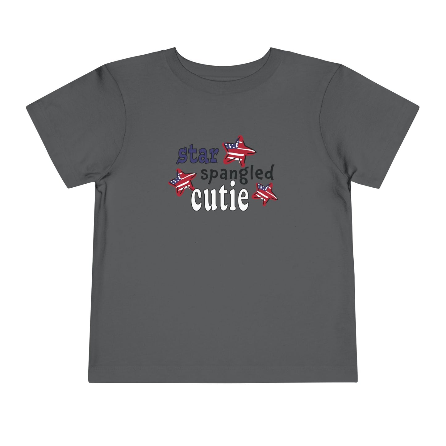 Asphalt toddler t-shrit laying flat with typography and patriotic stars, t-shirt says "star spangled cutie"