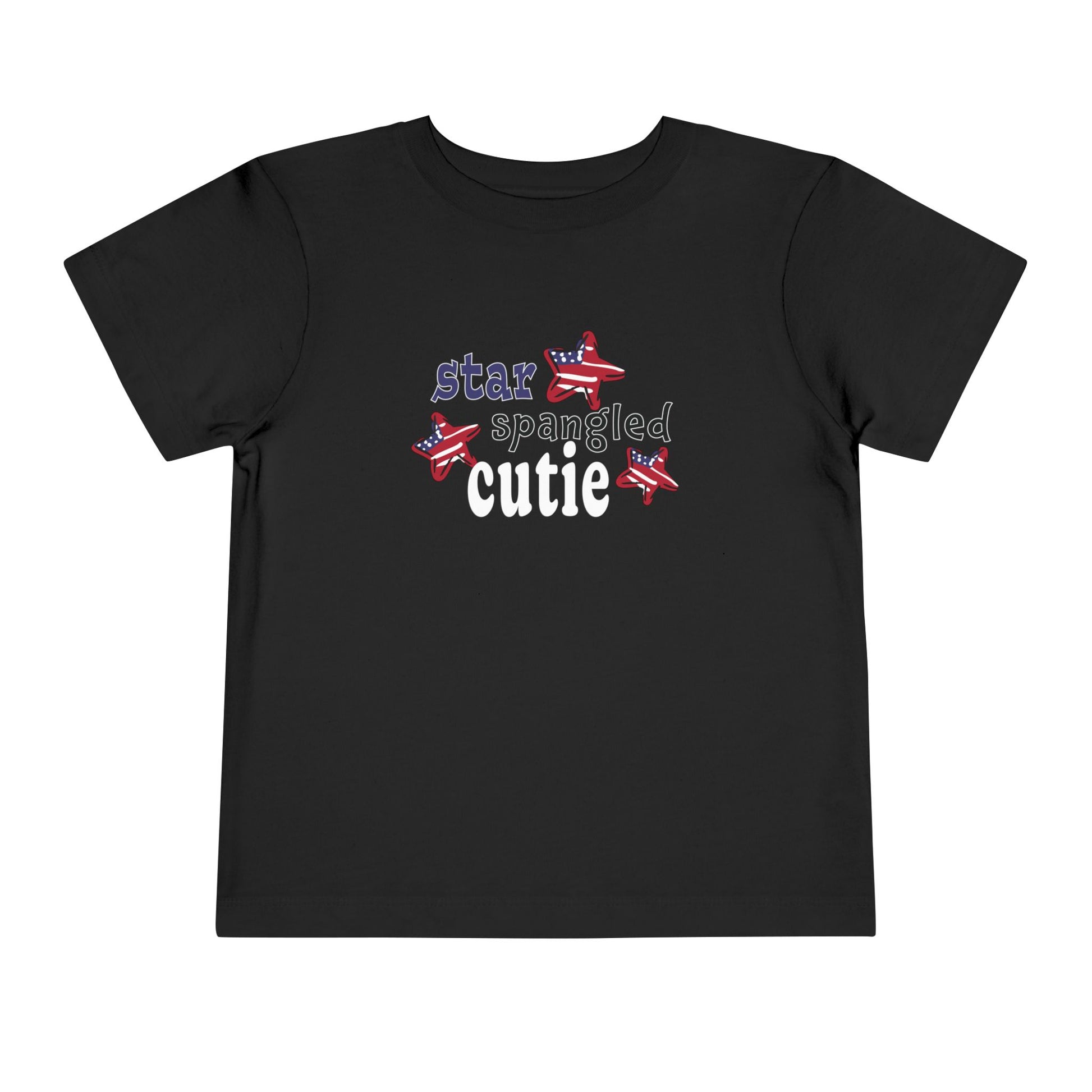 Black toddler t-shrit laying flat with typography and patriotic stars, t-shirt says "star spangled cutie"