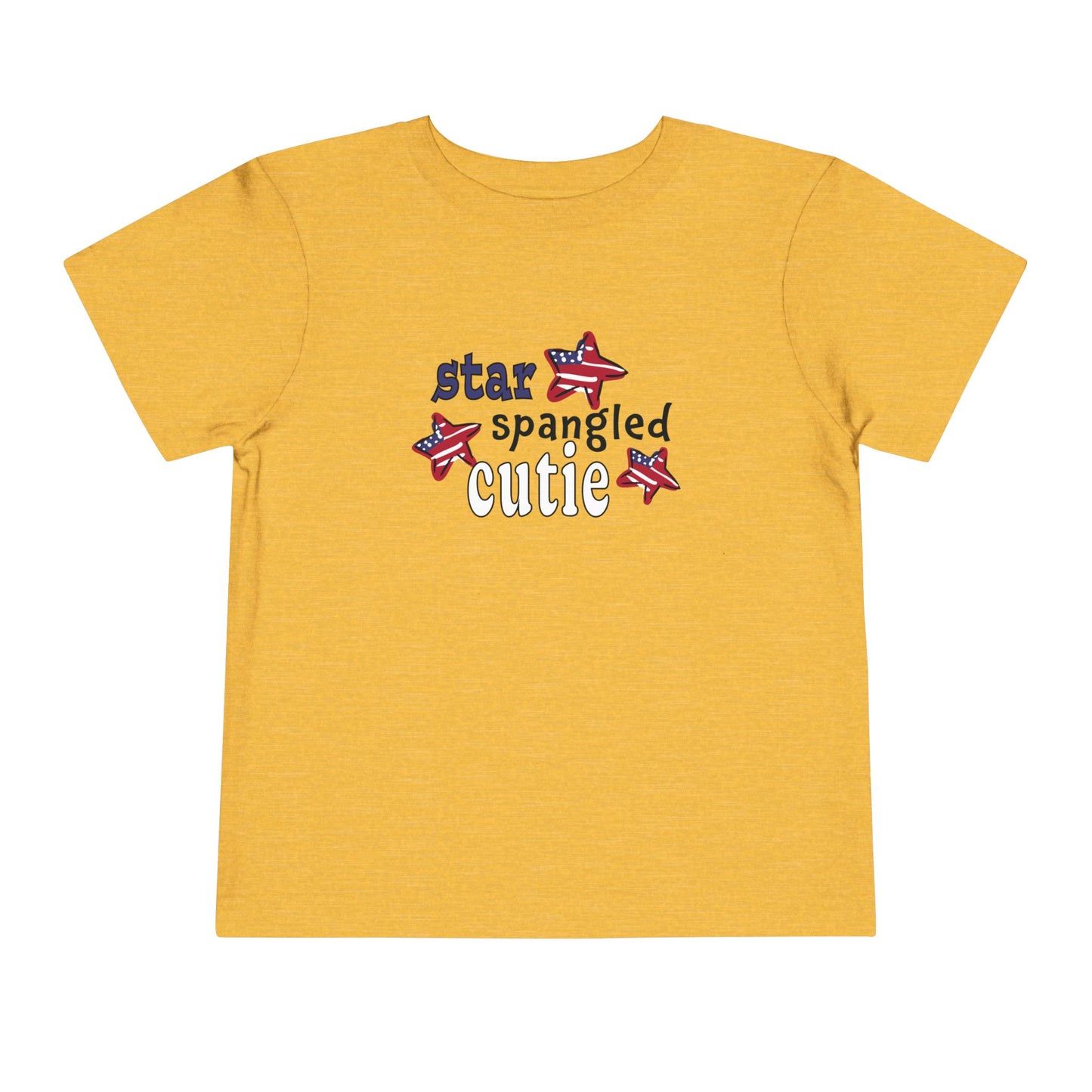 Bright yellow toddler t-shrit laying flat with typography and patriotic stars, t-shirt says "star spangled cutie"